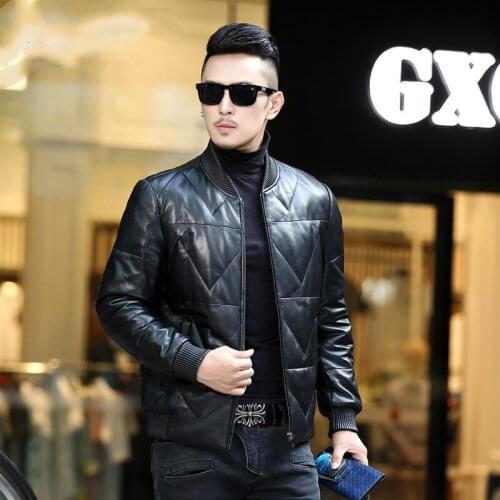 AYUNSUE Mens Genuine Sheepskin Leather Jacket Men Down Jackets Fashion Motorcycle Coat Winter Clothes Mens Ropa Hombre LXR876