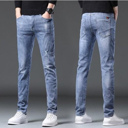 Man Jeans 2021 New Light Blue Stretch Slim Fit Ripped Streetwear Frayed Distressed Pants Pockets Biker Jeans Guinness For Men