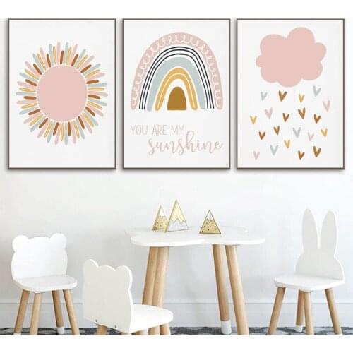 Pink Sun Clouds Poster Wall Art Nursery Rainbow Canvas Print Nordic Kid Bedroom Decoration Picture Painting For Baby Room Decor