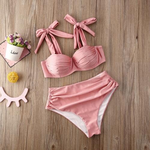 Sexy Push Up Monokini Bikini Women Pink High Waist Bikini Swimsuit Female Padded Women 2020 Bowknot Biquini Strap Beachwear
