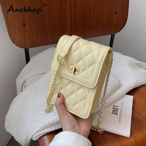 Pure Color Checkered Mini Phone Shoulder Bags Chain Style Simple Casual Women Crossbody Bag ML144