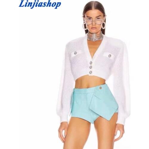 Super chic autumn winter sweaters femme clothes cropped cardigan vintage center buttons cute pocket knitted sweater