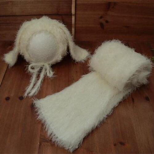 Ivory Baby Knit Stretch Blanket Fuzzy Infant Bunny Hat Set Newborn Photography Outfit Basket Stuffer Layering Blanket Baby Wraps