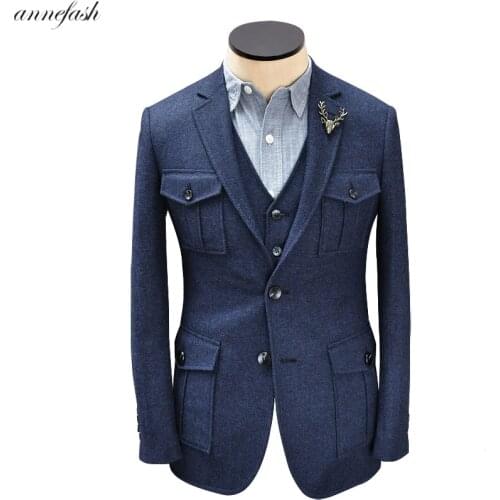 Navy woolen herringbone tweed hunting suit British retro fit men suit vest three piece suit