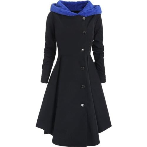 Wipalo Winter Plus Size Asymmetric Fleece Contrast Hooded Skirted Coat Women Coat Single Breasted Color Block Long Outwear Coats