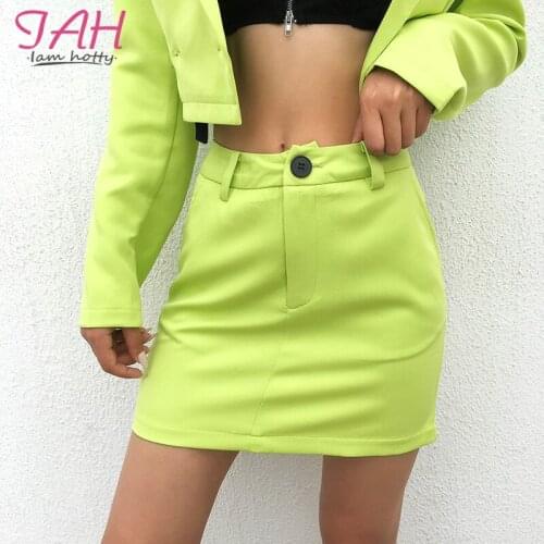 IAMHOTTY Fashion Casual Neon Green A-Line Skirt Pocket High Waist Office Lady Mini Skirts Womens 2019 Basic Solid Summer Skirts