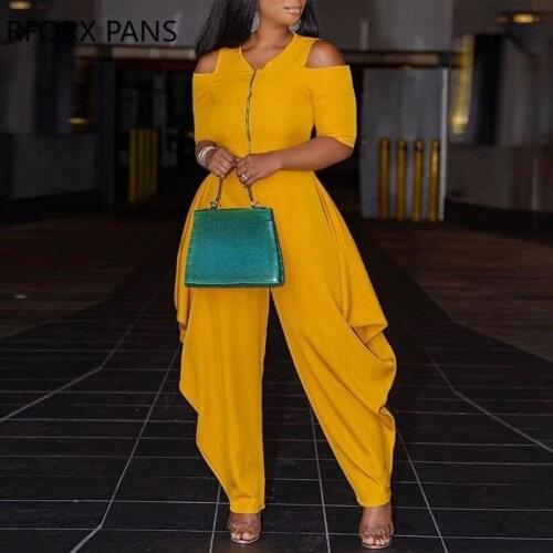 Women Solid Chic Round neck Zipper Cold Shoulder CasuaShort Sleeves Asymmetrical Batwing Pants Leg Jumpsuit