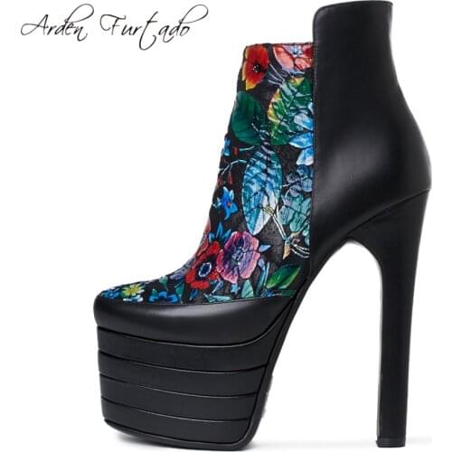 Arden Furtado shoes woman genuine leather fashion ankle boots flowers high heels 15cm chunky heels platform boots size32 33