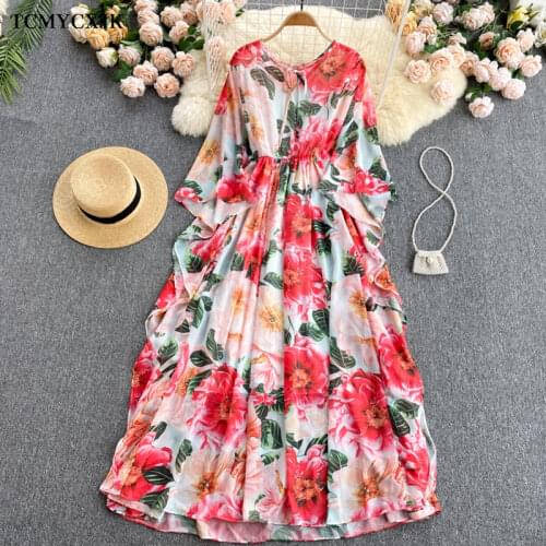 Plus size Long Chiffon Dresses Summer 2021Ladies Elegant Print Boho Dress Light Short Sleeve Beach Floor-length Dresses Women