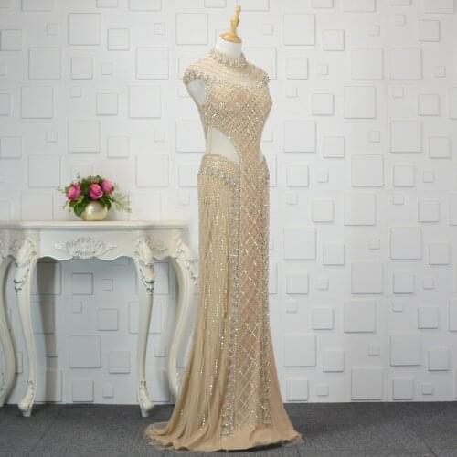 SSYFashion New Luxury Mermaid Evening Dress High-end Champagne Handmade Beading Sequins Sexy Slim Fishtail Prom Formal Gown