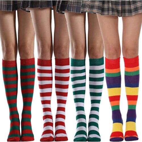 Winter Women Sexy Stocks Long Stockings Warm Thigh High Over The Knee Socks Rainbow Cotton Stockings Striped Knee Socks