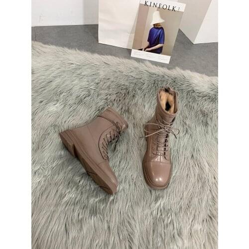 2021 New Womens Ankle Boots Small Square Toe Boots Warm Shoes Autumn Winter New Plus Fleece Fashion Beige Women Boots Solid