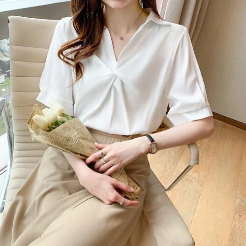 Women Blouses 2021 Summer Shirts Casual Solid V-neck Short Sleeve Office Lady Folds Tops Clothing Female Blusas
