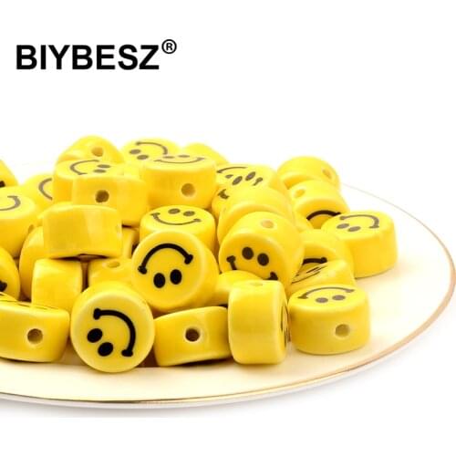 10pcs Yellow Smiling Face Ceramics Beads 8mm 10mm 12mm 16mm Loose Spacer DIY Ceramic Bead For Jewelry Bracelet Necklace Making