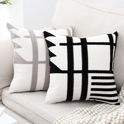 Black White Gray Cushion Cover Korean Office Sofa Pillow Burlap Square Embroidery Pillow Cover Home Decorative 45x45cm Zip Open