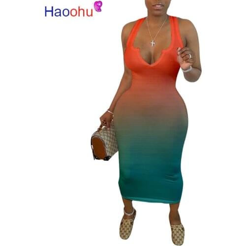 HAOOHU Tie Dye Print Sexy Long Dress Gradient Color Maxi Dresses Sleeveless Vintge Vestidos Beach Party Club Outfis Sundress