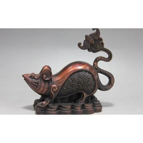 China Red Copper Bronze FengShui Lucky Wealth Coin Money Zodiac Mouse Art Statue