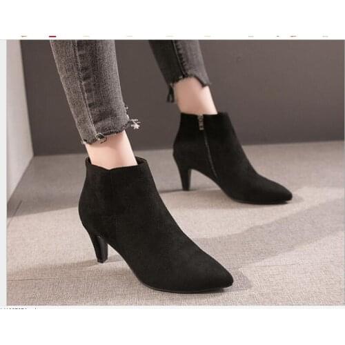 Classic Women Suedes Ankle Boot Mid Stiletto Heel Side Zip Pointed Toe Party Work Outdoor Shoe Fine Heel Aitumn Winter Large siz