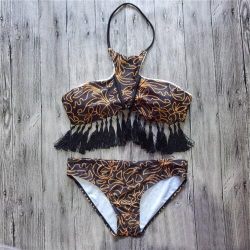 Sexy Women High Neck Bikini Set Swimwear Halter Tassels Padded Bra Swimsuit Beachwear Bathing Suit maillot de bain Biquin C0463