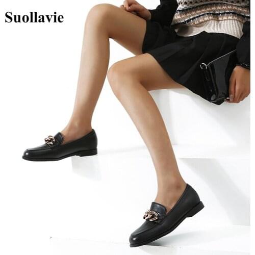 Suollavie leather pumps 2021 shoes women metal buckle ladies shoes shallow low heel casual black talon femme female office heels
