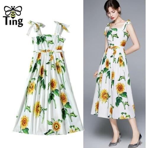 Tingfly Designer Vogue Summer Strap Tie Up Summer Elegant Midi Long Dresses Sunflower Print Floral Party Dresses Elbise Large Za