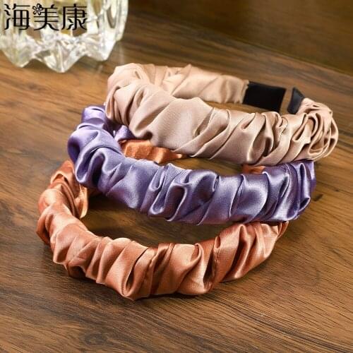 Haimeikang New Fashion Autumn Hairband Women Satin Pleated Headband Fresh Solid Hair Band Adult All-match Hair Accessories 2021