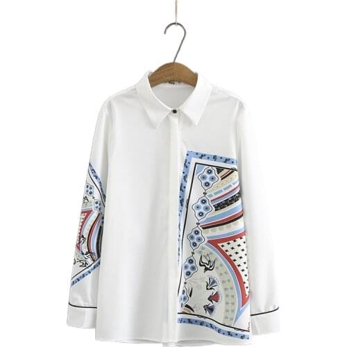 Plus Size XL-4XL Womens White Chiffon Blouse Long Sleeved Cute Printed A-line Tops Workwear Simple Blusas