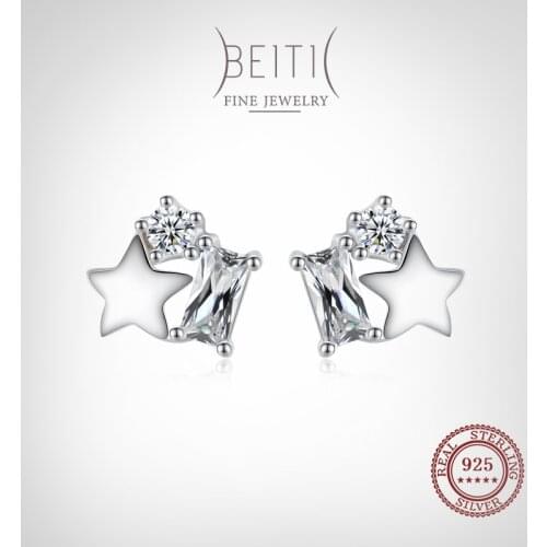 Beitil Dazzling Clear Zircon 925 Sterling Silver Star Stud Earrings For Women Girl Dazzling Statement Hypoallergenic Jewelry