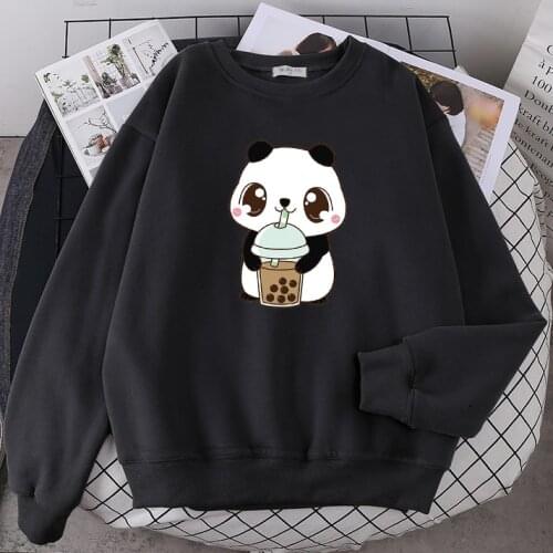 Sweatshirt Little Panda Drinking Milk Tea Print O-Neck Sweatshirts Streetwear Fashion Hoody Womens Oversize Loose Hoodie WomenS