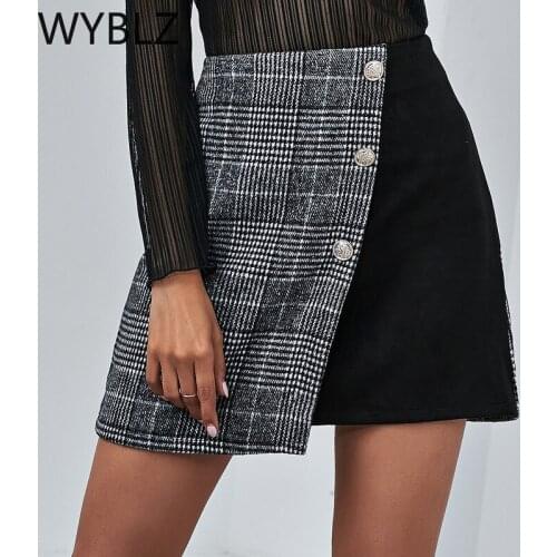 WYBLZ Plaid Sheath Strap Hip A-Line Mini Skirt Office Lady Irregular Patchwork Skirt with Side Zipper Mujer Bottoms Clothing