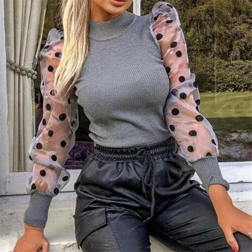 Women Polka Dot Long Puff Sleeve Blouse Mock Neck Slim-Fit Mesh Wild Pullover Top for Spring/Fall Female Casual Patchwork Shirt
