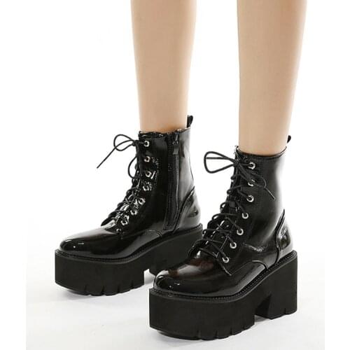 Women Platform Ankle Boots Ladies Patent Leather Chunky Pump Female High Heels Womens Lace Up Woman Gothic Punk Shoes Plus Size