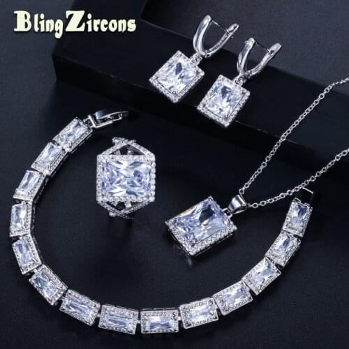 BeaQueen Square Princess Cut Clear Cubic Zircon Stone Wedding Bracelet Earrings Necklace Ring Set Women Party Jewelry JS144