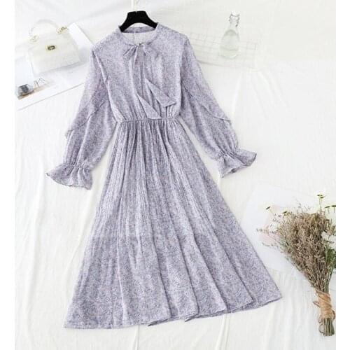 2021 New Fashion Women Dress Bow O-neck Lotus sleeve Chiffon Floral Dresses High Quality Elastic Waist Pleated Dress Vestidos
