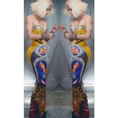 2021 Fashion Vintage People Face Print Evening Party Long Mermaid Dress Rhinestone Bodysuit Jazz Dancer Singer Dance Costume