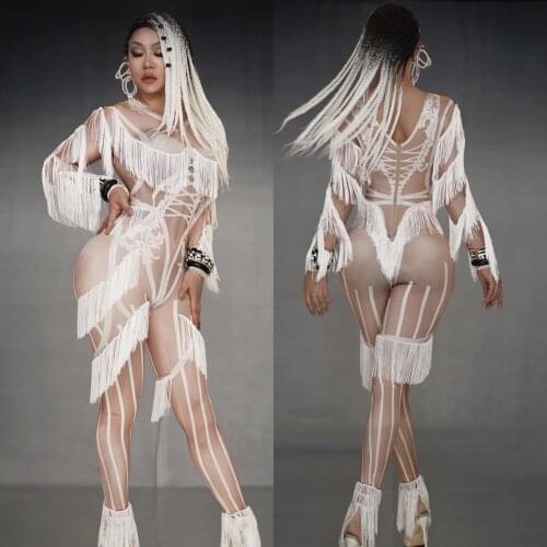 White Tassels Sexy Perspective Womens Pole Dance Performance Clothing Fashion Skinny Female Nightclub Style DJ Stage Costumes