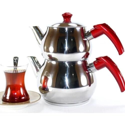 Mid Size Teapot With Inside Filter Stainless Steel Red Handle Capacity 3,1 Litres Turkish Tea Herbal Tea