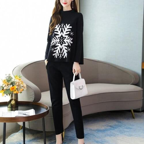 Large Size Loose Two Piece Sets 2021 Spring Autumn New Slim Print Sportswear Sets Suits Womens Black Tops & Pant Suits Tracksuit