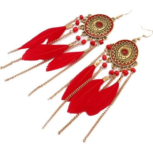 Korean feather chain fringe earrings long tassel beads Bohemian style jewelry wholesale women earrings winter gift