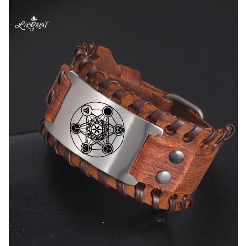 LIKGREAT Witchcraft Leather Wrap Bracelets for Men Archangel Metatron Angel of Life Seal Steel Charm Punk Bangle Viking Jewelry
