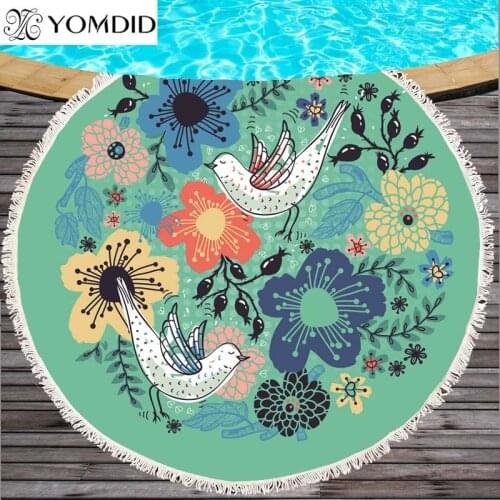 Round Beach Towel Large Towels Tassel Tapestry Yoga Mat Microfiber Polyester Blanket Bath Towel 150cm Flower Bird Pattern Toalla