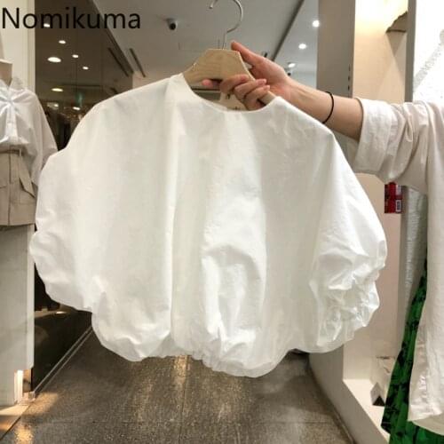 Nomikuma 2021 Summer New Short Women Shirts Blouses Causal Sweet Puff Sleeve O-neck Blusas Korean Solid Folds Ladies Tops 6J033