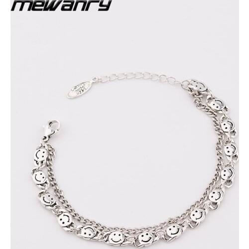MEWANRY 925 Sterling Silver Bracelet New Trendy Punk Hip Hop Vintage Double Layer Chain Design Tassel Smiley Faces Party Jewelry