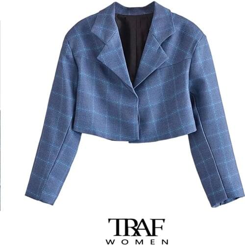 TRAF Za Women Fashion Plaid Cropped Blazer Coat Vintage Long Sleeve Hidden Breasted Female Outerwear Chic Veste Femme