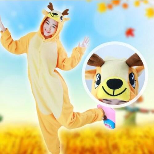 Yellow Deer Pajamas Animal Cosplay Costume Coral Women Men Kid Adult Pajamas Onesies Cartoon Sleepwear Sleepsuit