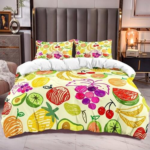 Fruit Theme Duvet Cover with Banana Lemon Avocado Pattern Kids Comforter Cover with Inside Corner Ties Zipper Closure