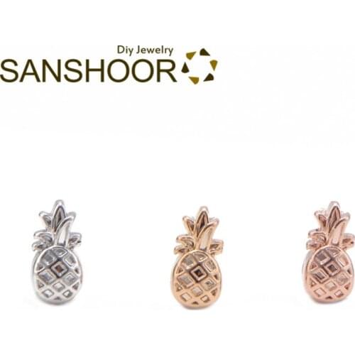 SANSHOOR Toddler Pineapple Slide Charms Fit 8mm Width Stainless Steel Mesh Keeper Bracelet Collection For Women Childs Gift 6Pcs