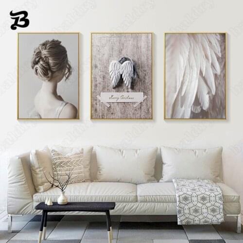 Angel Wing Canvas Poster Art Girls Back View with White Feather and Wing Wall Art Picture for Living Room Girls Room Home Decor