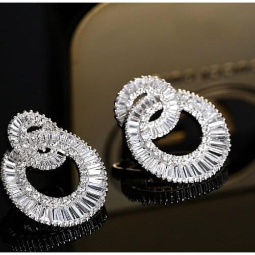 Luxury Charm 925 Sterling silver 2 Circle Round Simulated Diamond Bridal Big Stud Earrings For Women Wedding Jewelry gift Bijoux