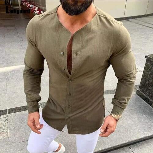 Ladiguard Men Fashion Top Basic Shirt Mens 2021 Single Breasted Blouses Latest Summer Casual Pullovers Sexy Male Linen Clothes